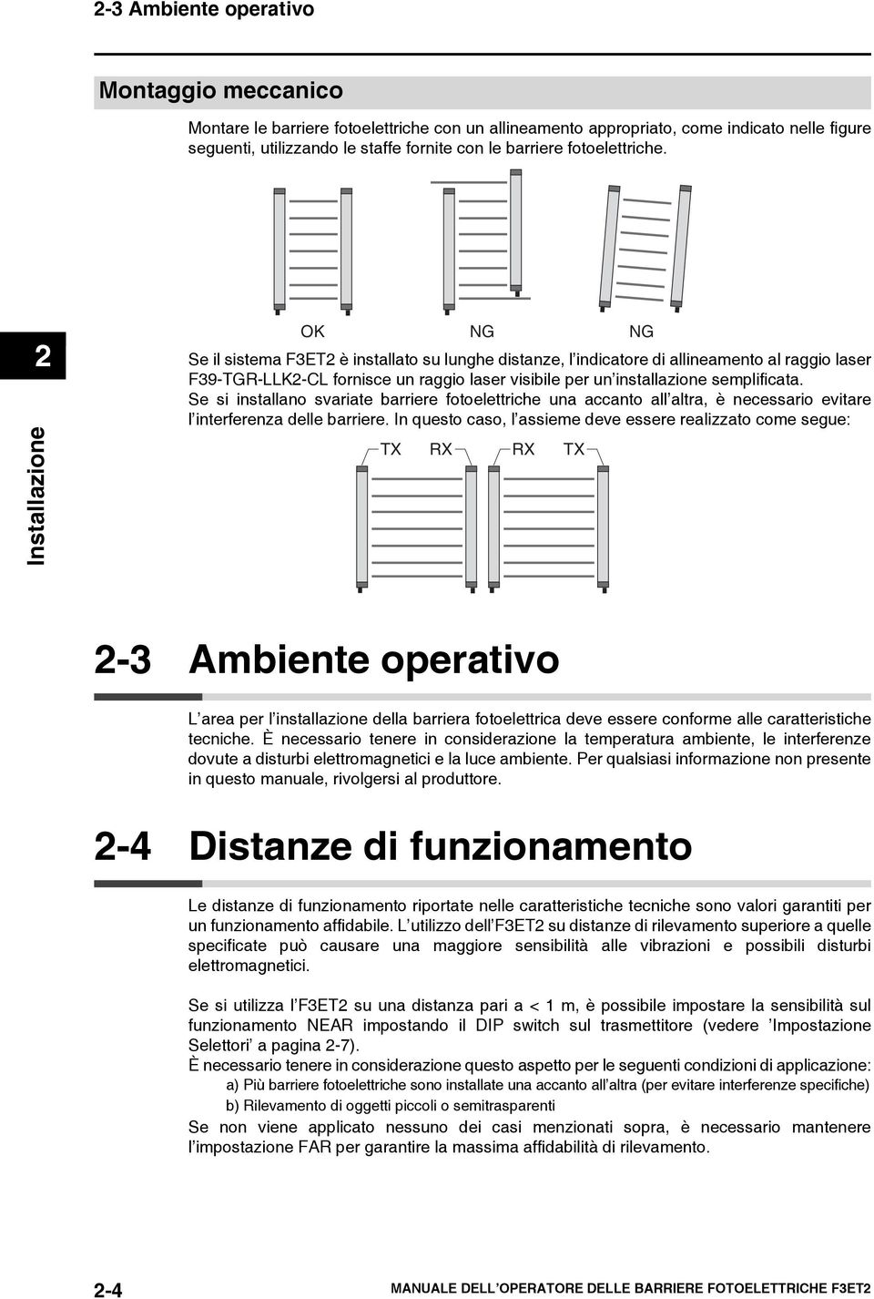 2 Installazione OK NG NG Se il sistema F3ET2 è installato su lunghe distanze, l indicatore di allineamento al raggio laser F39-TGR-LLK2-CL fornisce un raggio laser visibile per un installazione