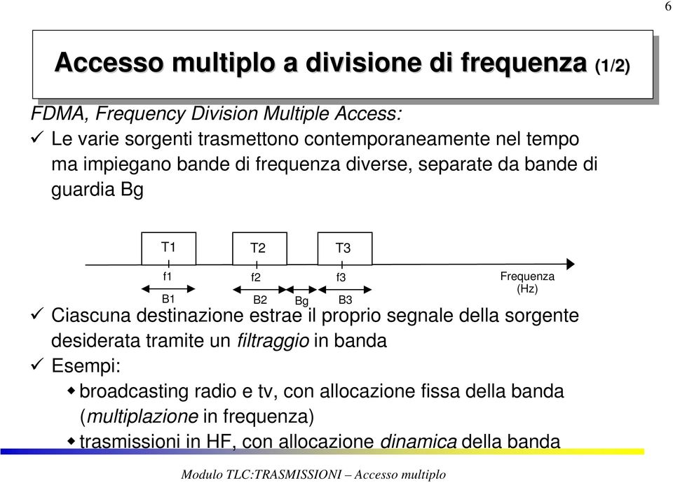 Ciascuna destinazione estrae il proprio segnale della sorgente desiderata tramite un filtraggio in banda Esempi: broadcasting