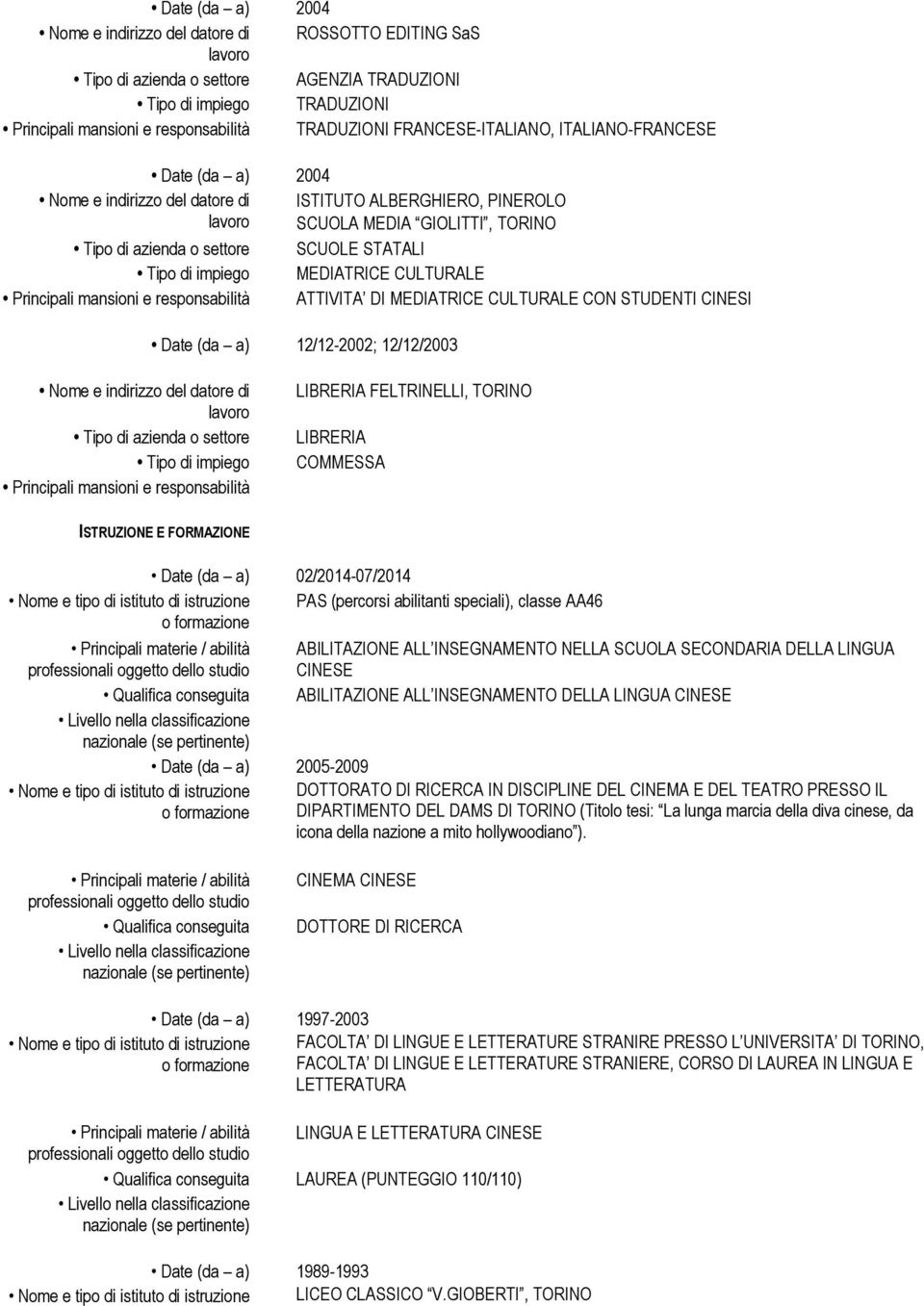 (da a) 02/2014-07/2014 Nome e tipo di istituto di istruzione PAS (percorsi abilitanti speciali), classe AA46 o formazione Principali materie / abilità ABILITAZIONE ALL INSEGNAMENTO NELLA SCUOLA