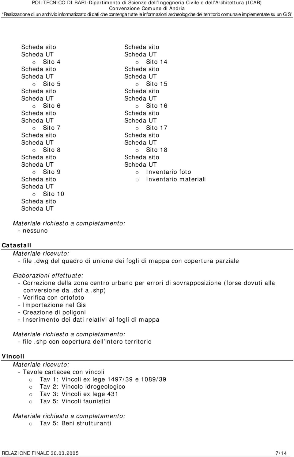 Sit 14 Scheda sit Sit 15 Scheda sit Sit 16 Scheda sit Sit 17 Scheda sit Sit 18 Scheda sit Inventari ft Inventari materiali Materiale richiest a cmpletament: - nessun Catastali Materiale ricevut: -