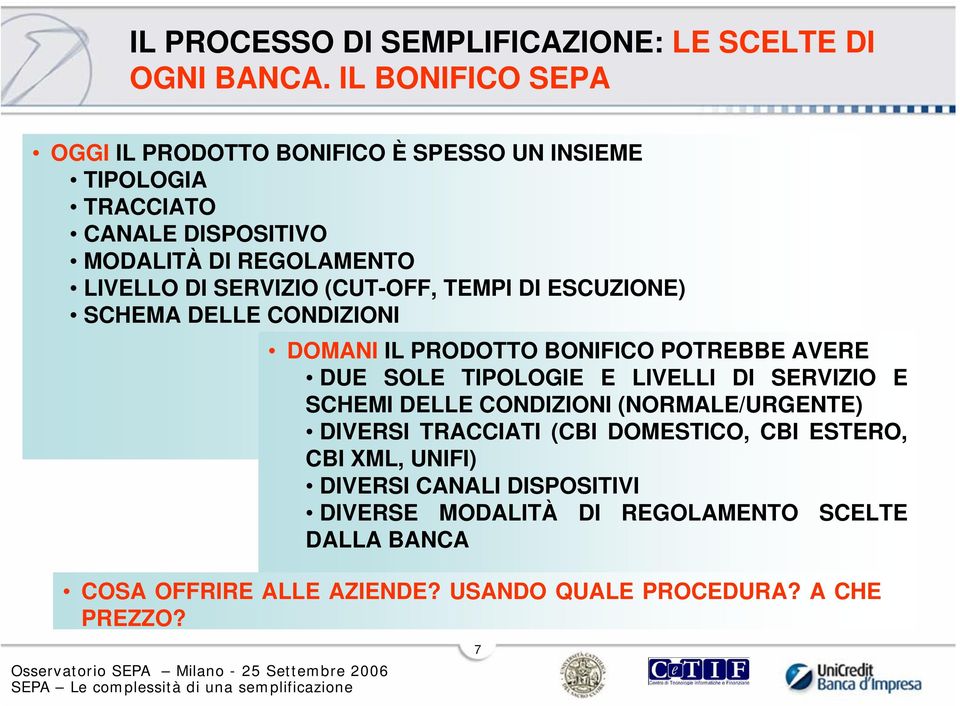 (CUT-OFF, TEMPI DI ESCUZIONE) SCHEMA DELLE CONDIZIONI DOMANI IL PRODOTTO BONIFICO POTREBBE AVERE DUE SOLE TIPOLOGIE E LIVELLI DI SERVIZIO E SCHEMI