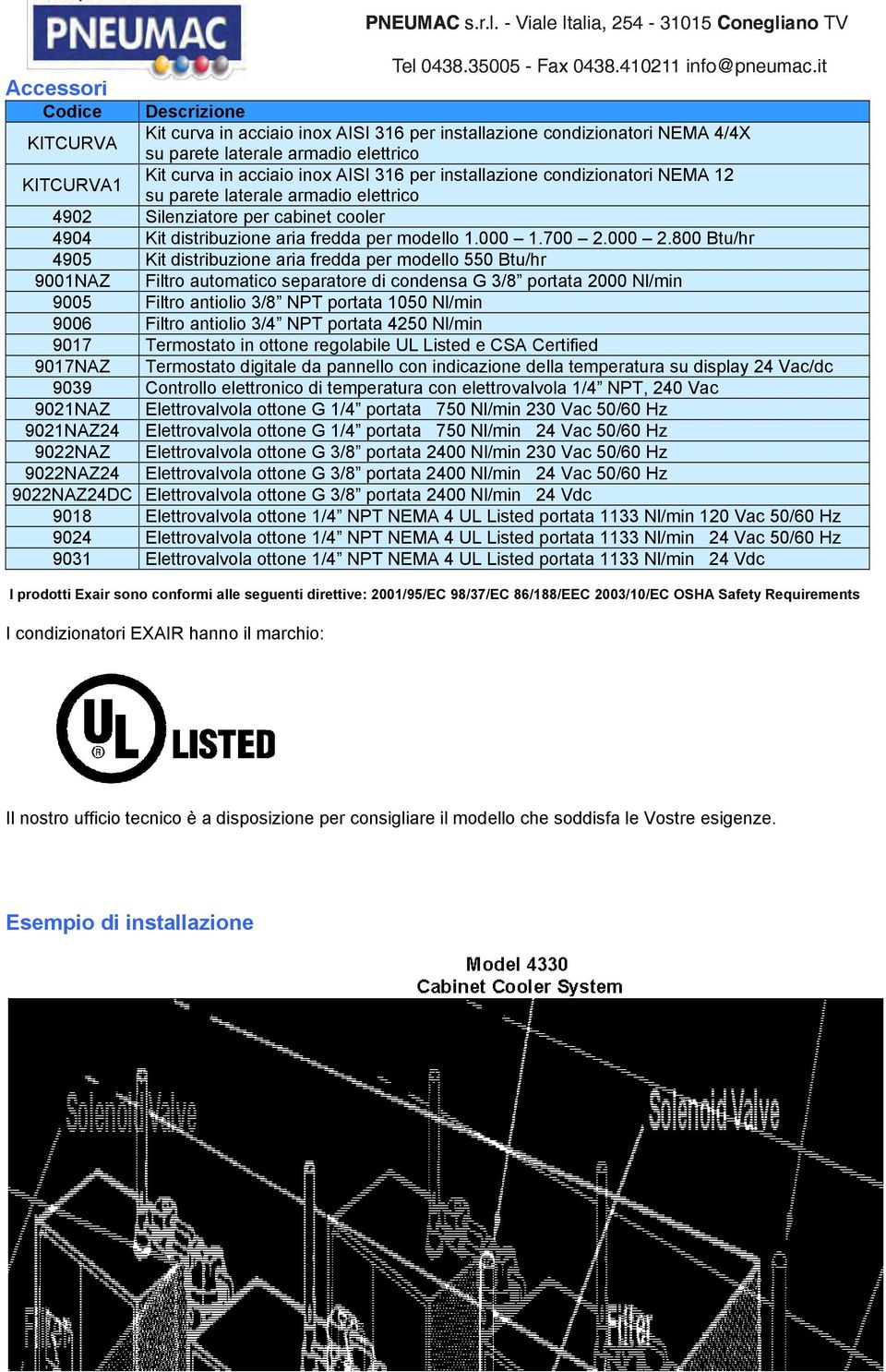 800 Btu/hr 4905 Kit distribuzione aria fredda per modello 550 Btu/hr 9001NAZ Filtro automatico separatore di condensa G 3/8 portata 2000 9005 Filtro antiolio 3/8 NPT portata 1050 9006 Filtro antiolio