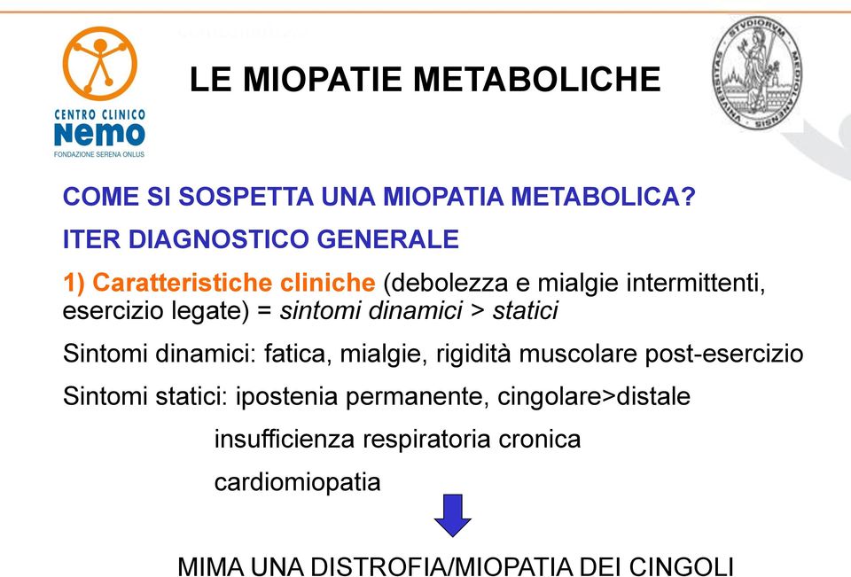 legate) = sintomi dinamici > statici Sintomi dinamici: fatica, mialgie, rigidità muscolare