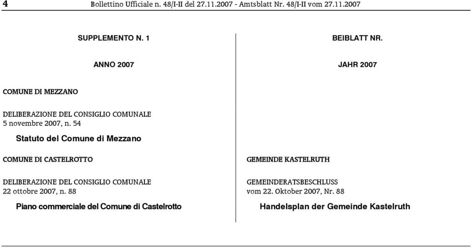 54 Statuto del Comune di Mezzano COMUNE DI CASTELROTTO [S148070151303 C110 C090 ] DELIBERAZIONE DEL CONSIGLIO COMUNALE 22 ottobre 2007, n.