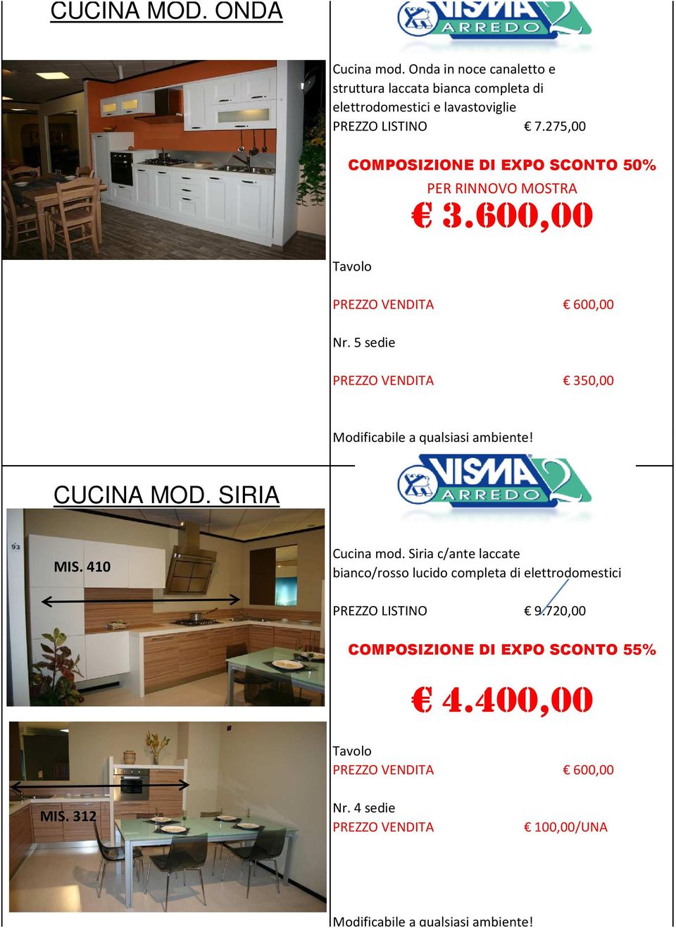 275,00 Tavolo PREZZO VENDITA 600,00 Nr. 5 sedie 3.600,00 PREZZO VENDITA 350,00 Modificabile a qualsiasi ambiente! CUCINA MOD.