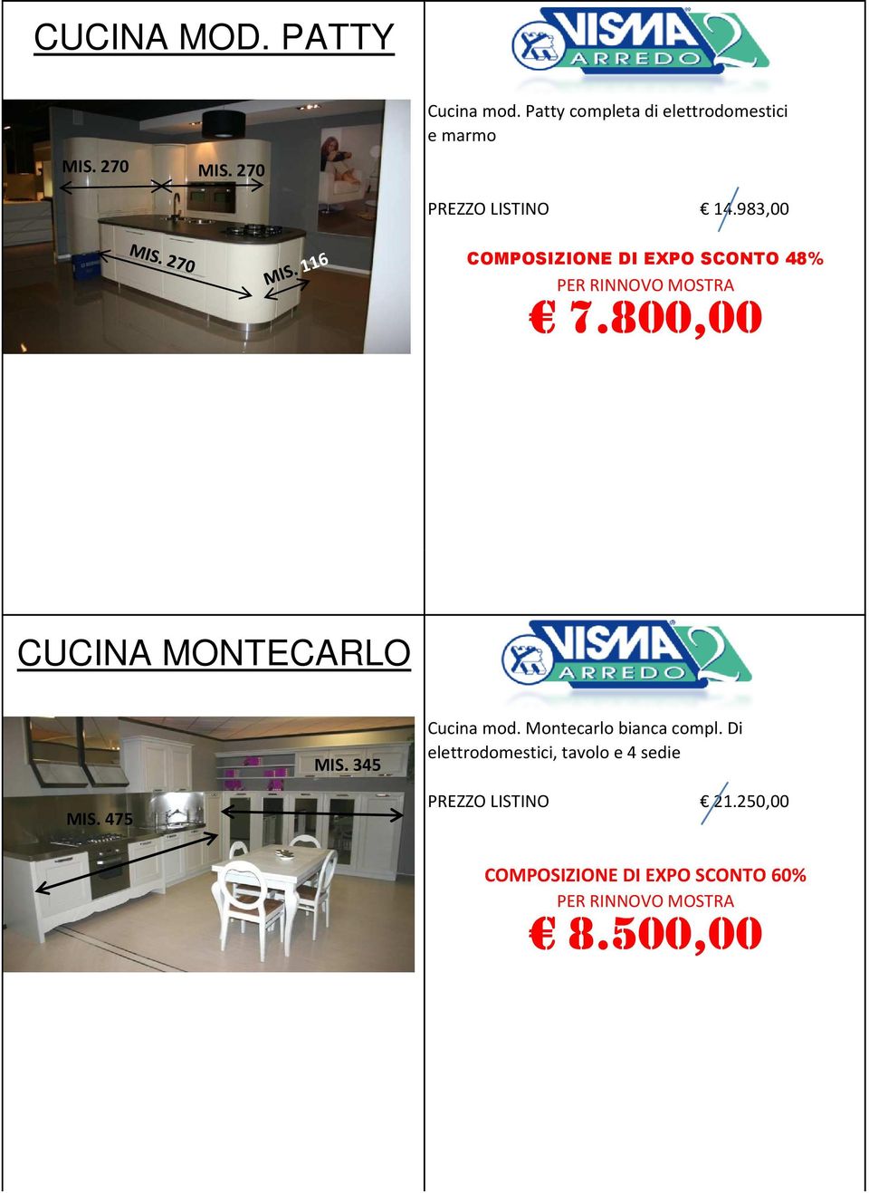 983,00 COMPOSIZIONE DI EXPO SCONTO 48% 7.800,00 CUCINA MONTECARLO MIS. 345 Cucina mod.