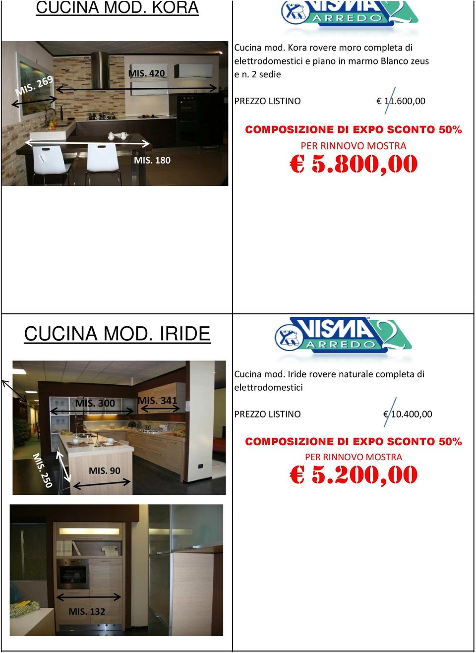 2 sedie PREZZO LISTINO 11.600,00 MIS. 180 5.800,00 CUCINA MOD. IRIDE MIS.