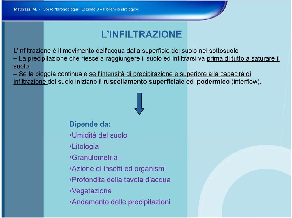 Se la pioggia continua e se l intensità di precipitazione è superiore alla capacità di infiltrazione del suolo iniziano il