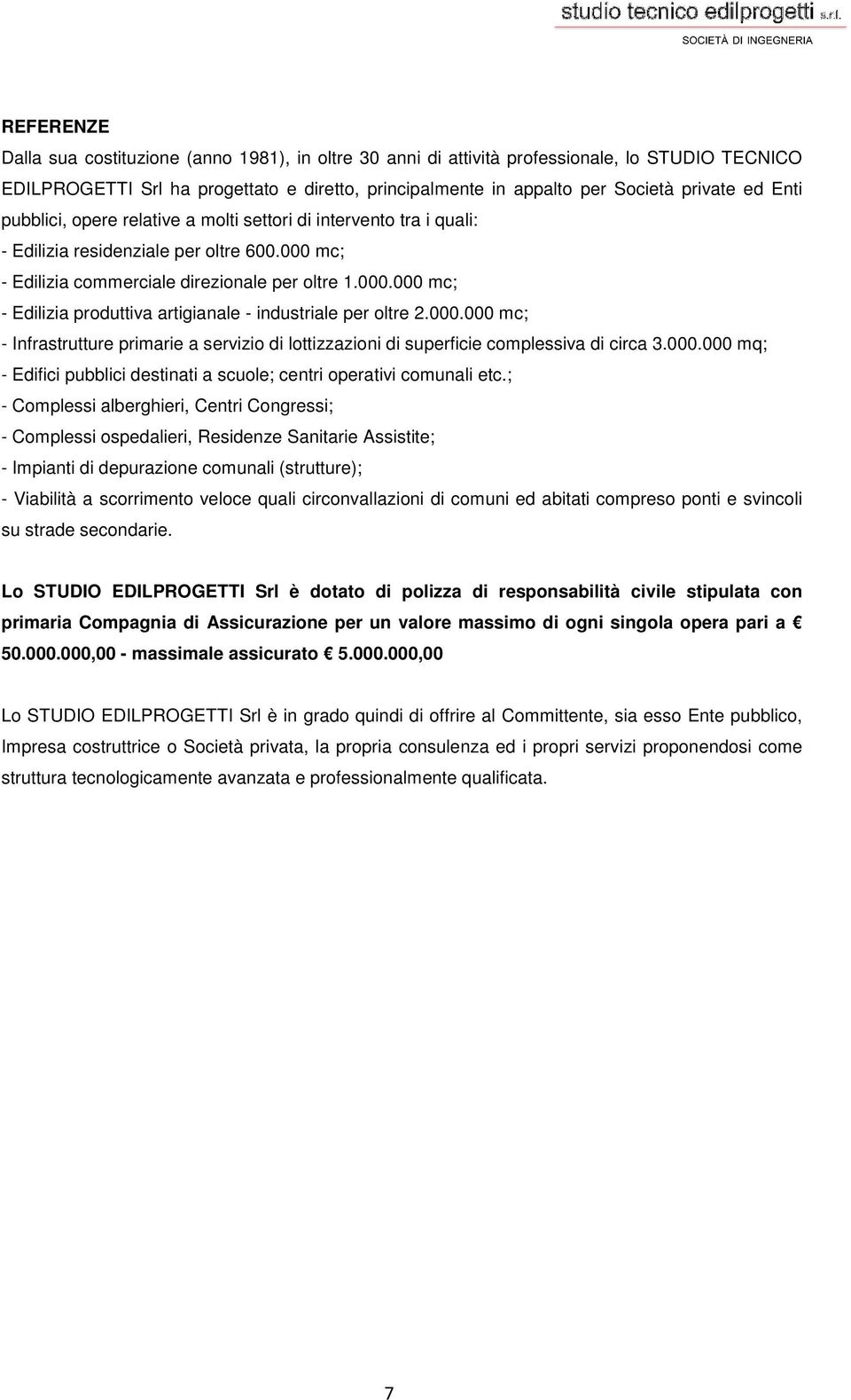 000.000 mc; - Infrastrutture primarie a servizio di lottizzazioni di superficie complessiva di circa 3.000.000 mq; - Edifici pubblici destinati a scuole; centri operativi comunali etc.