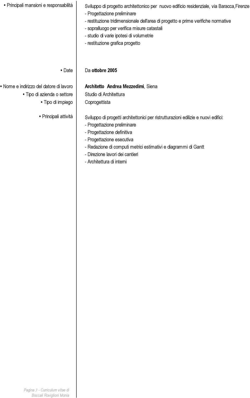 Tipo di azienda o settore Tipo di impiego Architetto Andrea Mezzedimi, Siena Studio di Architettura Coprogettista Principali attività Sviluppo di progetti architettonici per ristrutturazioni