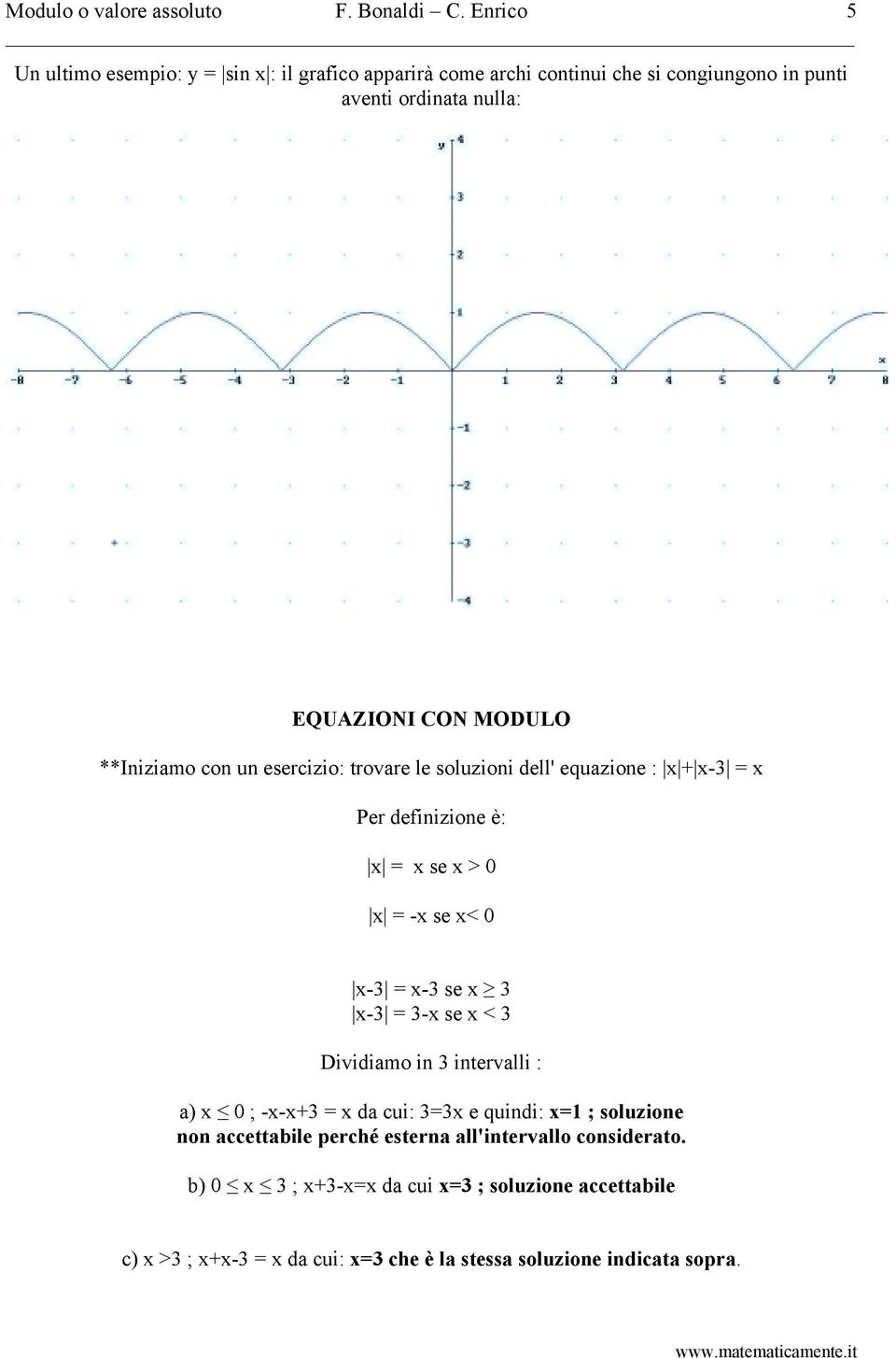 **Iniziamo con un esercizio: trovare le soluzioni dell' equazione : x + x-3 = x Per definizione è: x = x se x > 0 x = -x se x< 0 x-3 = x-3 se x 3 x-3 = 3-x