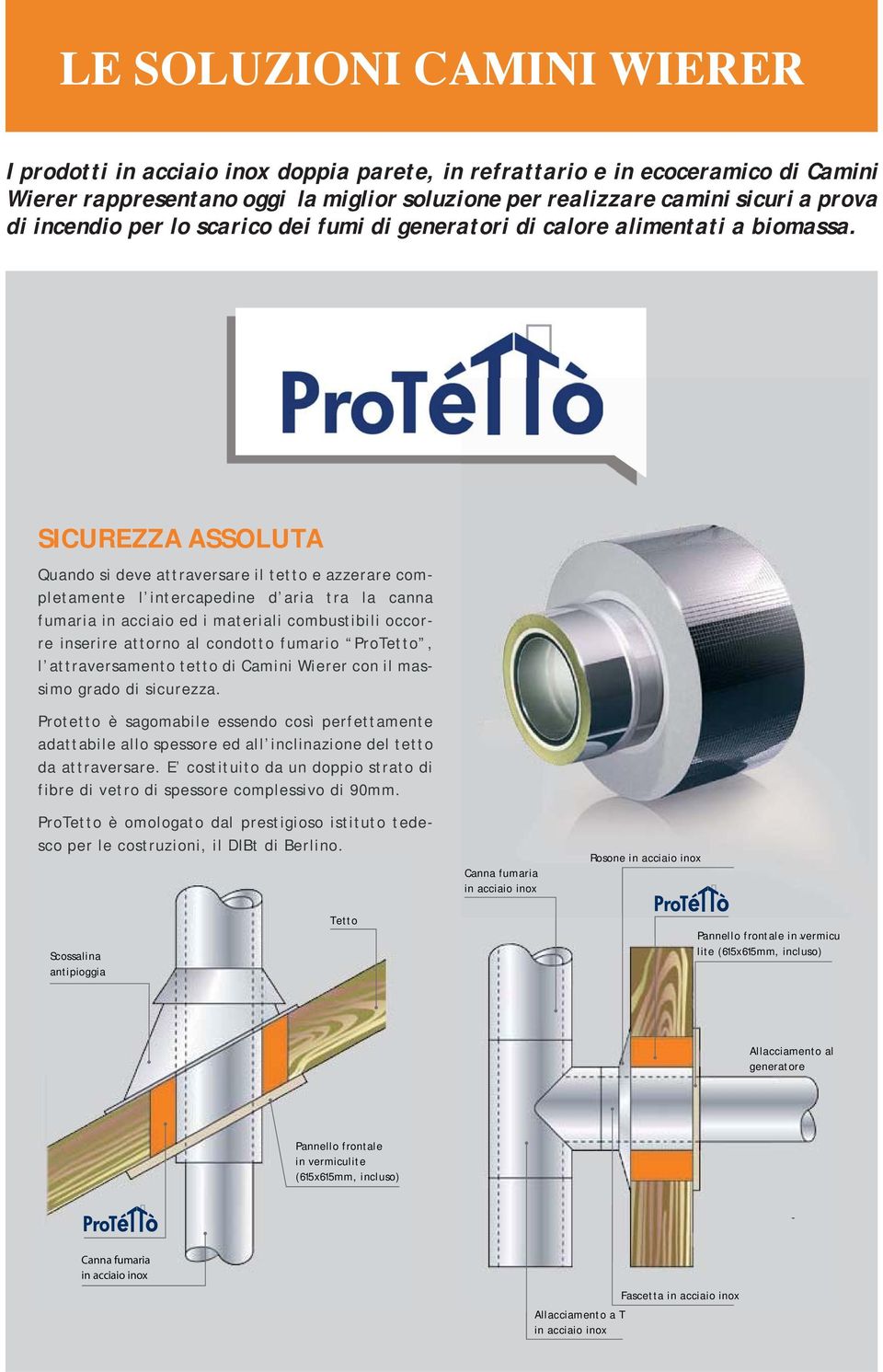 SICUREZZA ASSOLUTA Quando si deve attraversare il tetto e azzerare completamente l intercapedine d aria tra la canna fumaria in acciaio ed i materiali combustibili occorre inserire attorno al