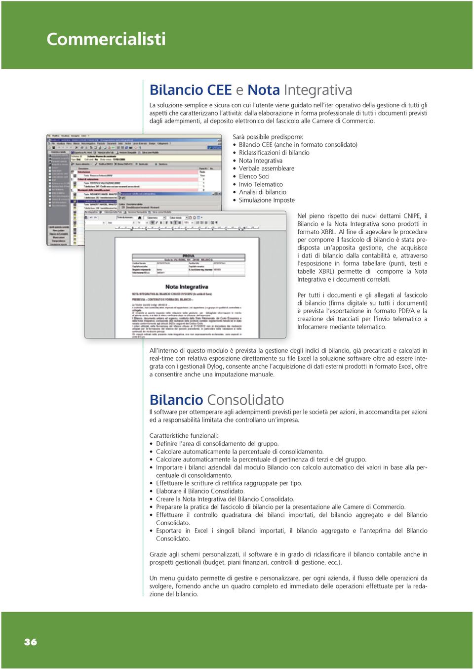 Sarà possibile predisporre: Bilancio CEE (anche in formato consolidato) Riclassificazioni di bilancio Nota Integrativa Verbale assembleare Elenco Soci Invio Telematico Analisi di bilancio Simulazione