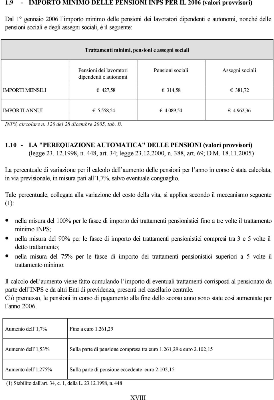 IMPORTI ANNUI 5.558,54 4.089,54 4.962,36 INPS, circolare n. 120 del 28 dicembre 2005, tab. B. 1.10 - LA "PEREQUAZIONE AUTOMATICA" DELLE PENSIONI (valori provvisori) (legge 23. 12.1998, n. 448, art.