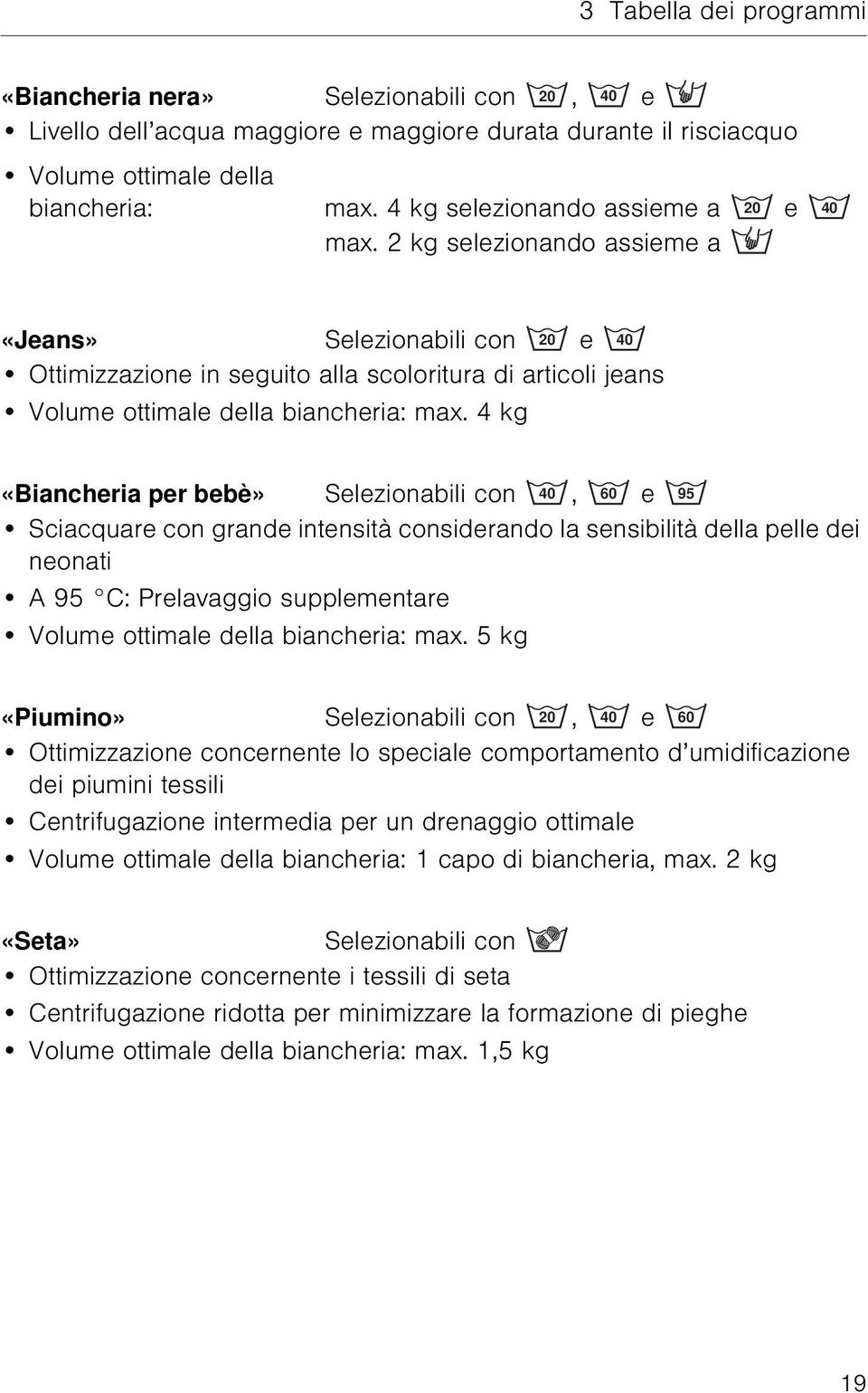 2 kg selezionando assieme a 20 40 «Jeans» Selezionabili con 20 e 40 Ottimizzazione in seguito alla scoloritura di articoli jeans Volume ottimale della biancheria: max.