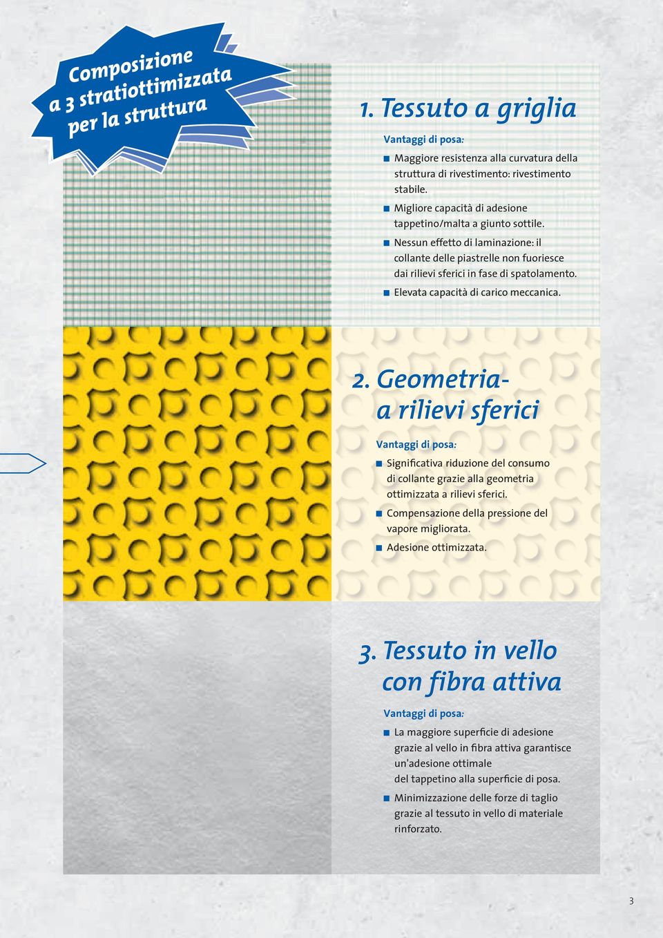 Elevata capacità di carico meccanica. 2. Geometriaa rilievi sferici Vantaggi di posa: Significativa riduzione del consumo di collante grazie alla geometria ottimizzata a rilievi sferici.