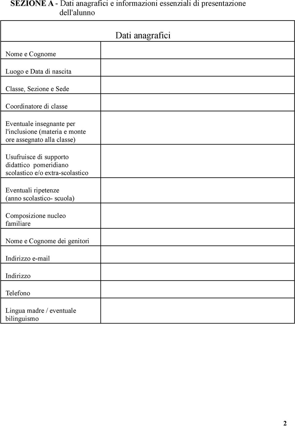 di supporto didattico pomeridiano scolastico e/o extra-scolastico Eventuali ripetenze (anno scolastico- scuola) Composizione