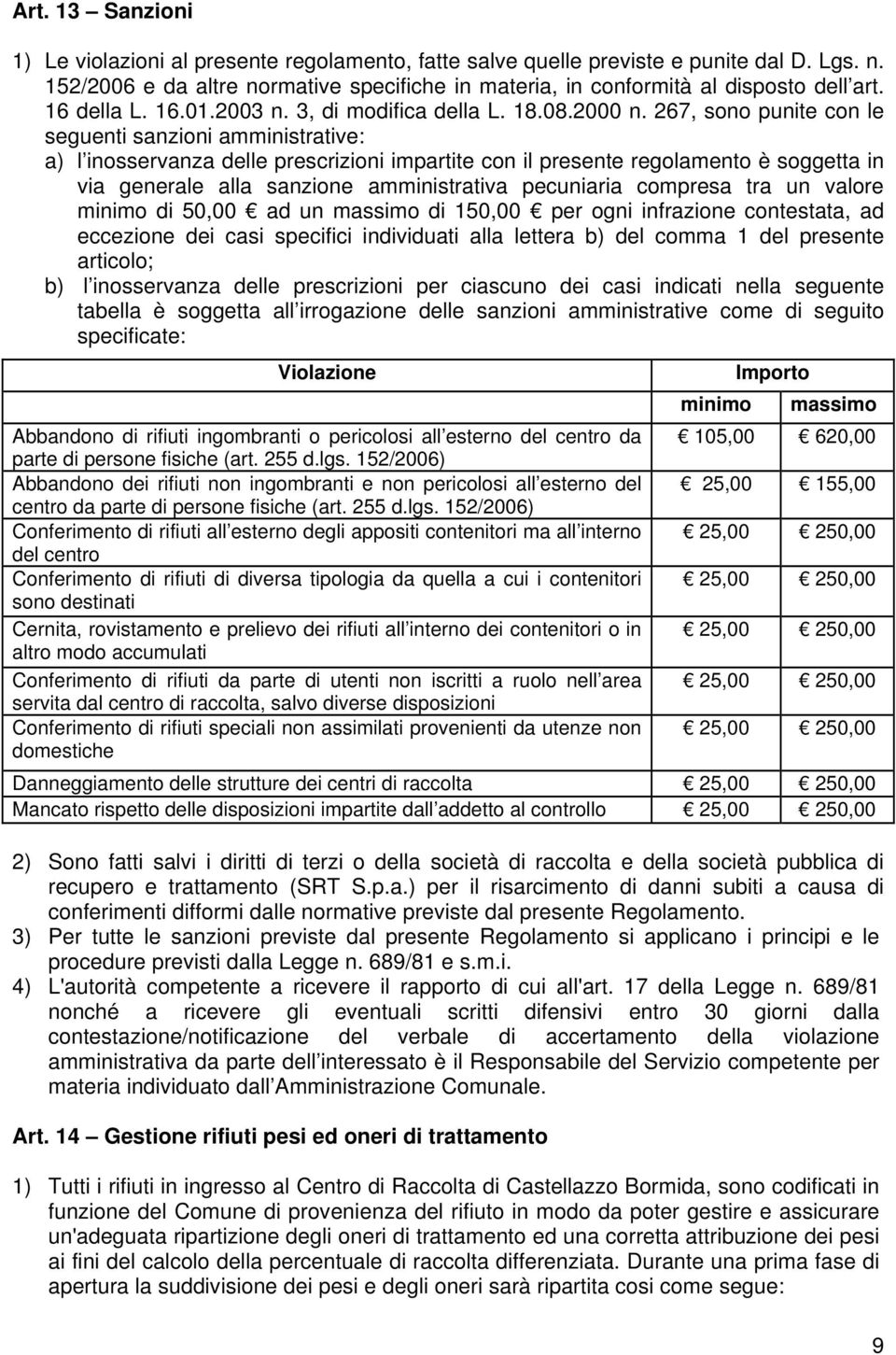 267, sono punite con le seguenti sanzioni amministrative: a) l inosservanza delle prescrizioni impartite con il presente regolamento è soggetta in via generale alla sanzione amministrativa pecuniaria