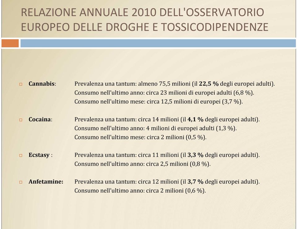 Cocaina: Prevalenza una tantum: circa 14 milioni (il 4,1 % degli europei adulti). Consumo nell ultimo anno: 4 milioni di europei adulti (1,3 %).