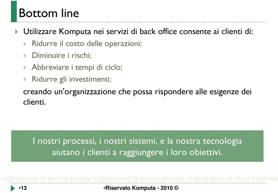 investimenti; creando un'organizzazione che possa rispondere alle esigenze dei clienti.