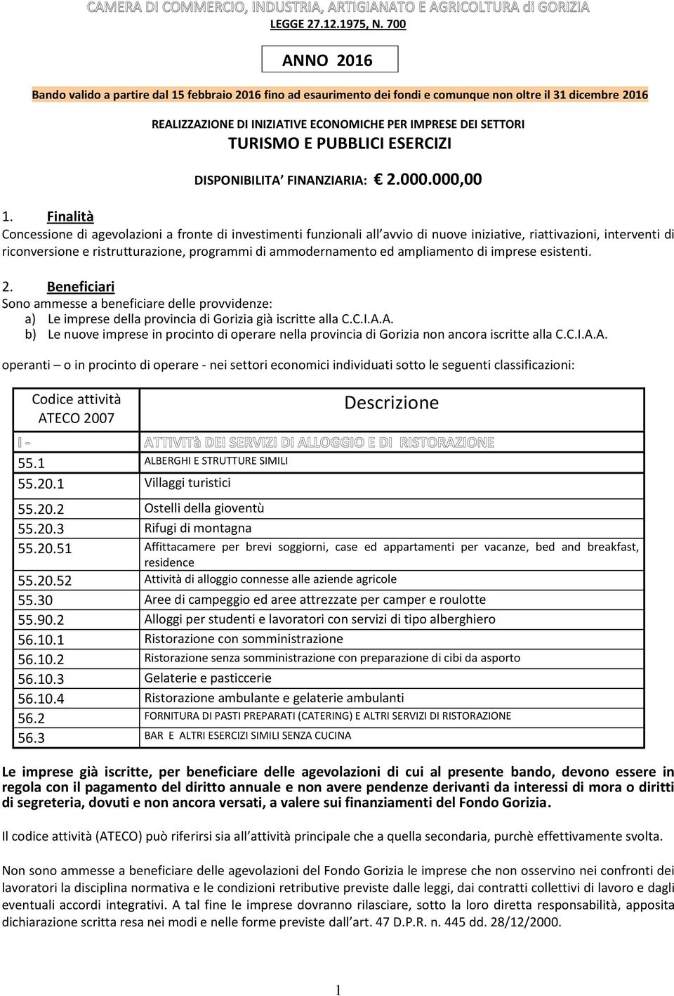 E PUBBLICI ESERCIZI DISPONIBILITA FINANZIARIA: 2.000.000,00 1.