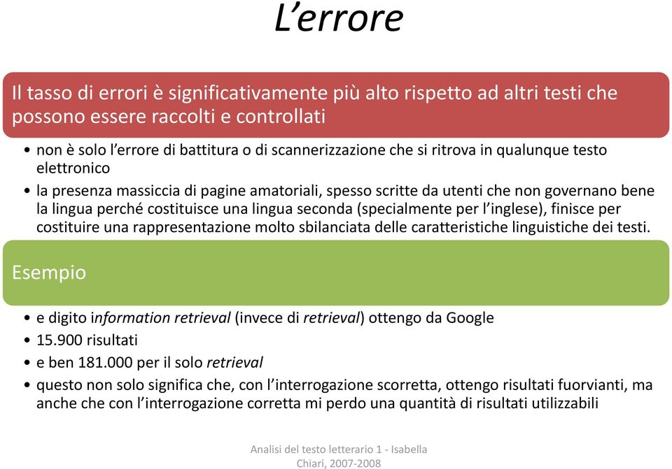 finisce per costituire una rappresentazione molto sbilanciata delle caratteristiche linguistiche dei testi. Esempio e digito information retrieval (invece di retrieval) ottengo da Google 15.