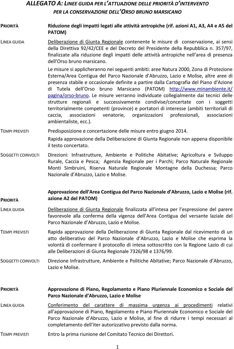 357/97, finalizzate alla riduzione degli impatti delle attività antropiche nell area di presenza dell Orso bruno marsicano.