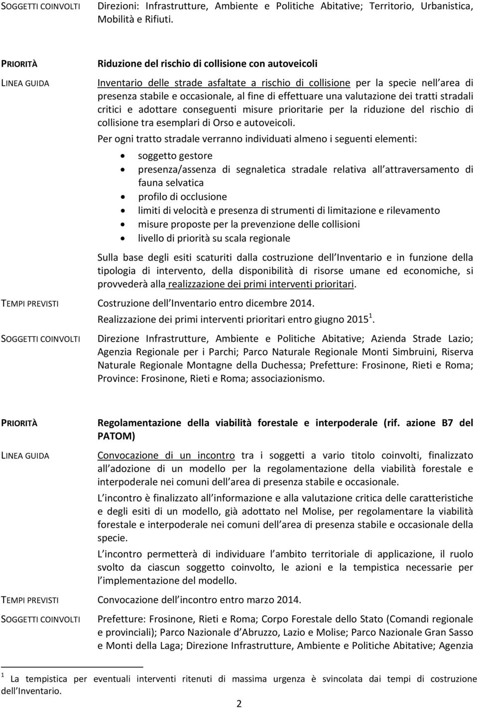 valutazione dei tratti stradali critici e adottare conseguenti misure prioritarie per la riduzione del rischio di collisione tra esemplari di Orso e autoveicoli.