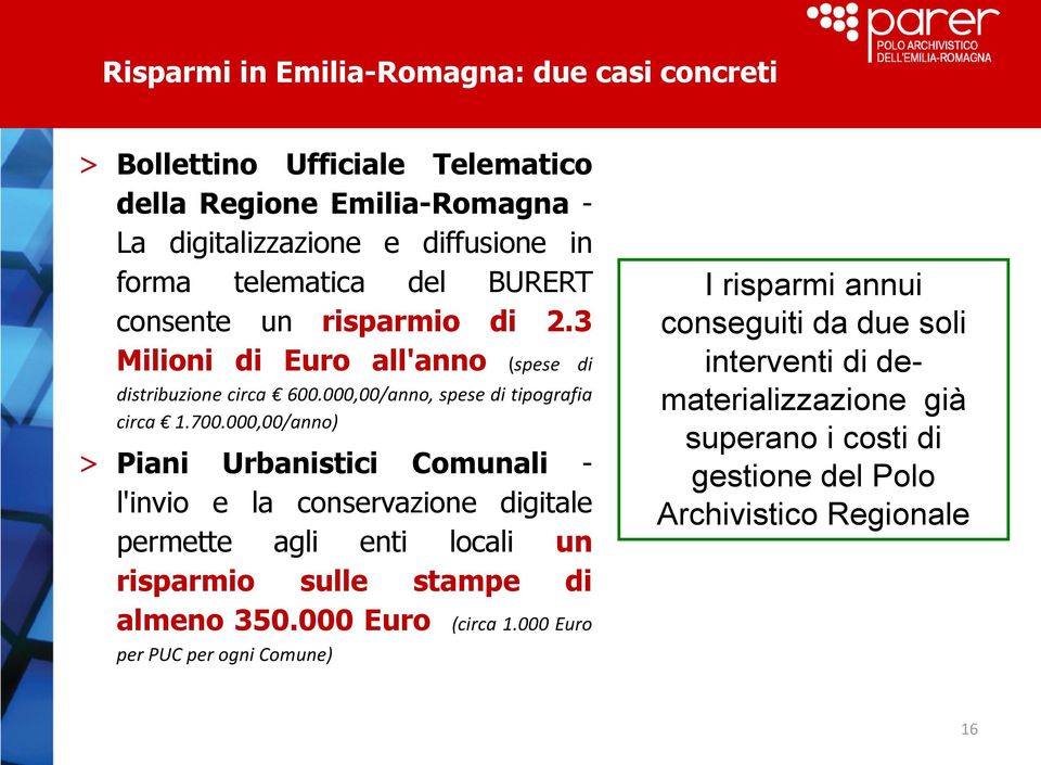 000,00/anno) > Piani Urbanistici Comunali - l'invio e la conservazione digitale permette agli enti locali un risparmio sulle stampe di almeno 350.