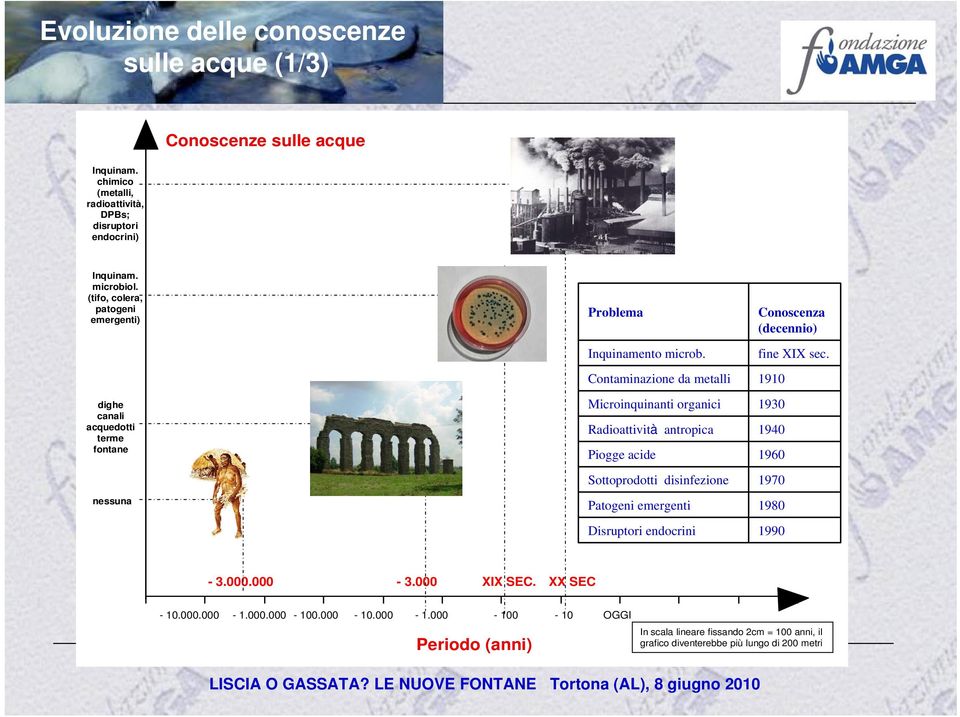 Contaminazione da metalli Microinquinanti organici Radioattività antropica Piogge acide Sottoprodotti disinfezione Patogeni emergenti Disruptori endocrini Conoscenza (decennio)