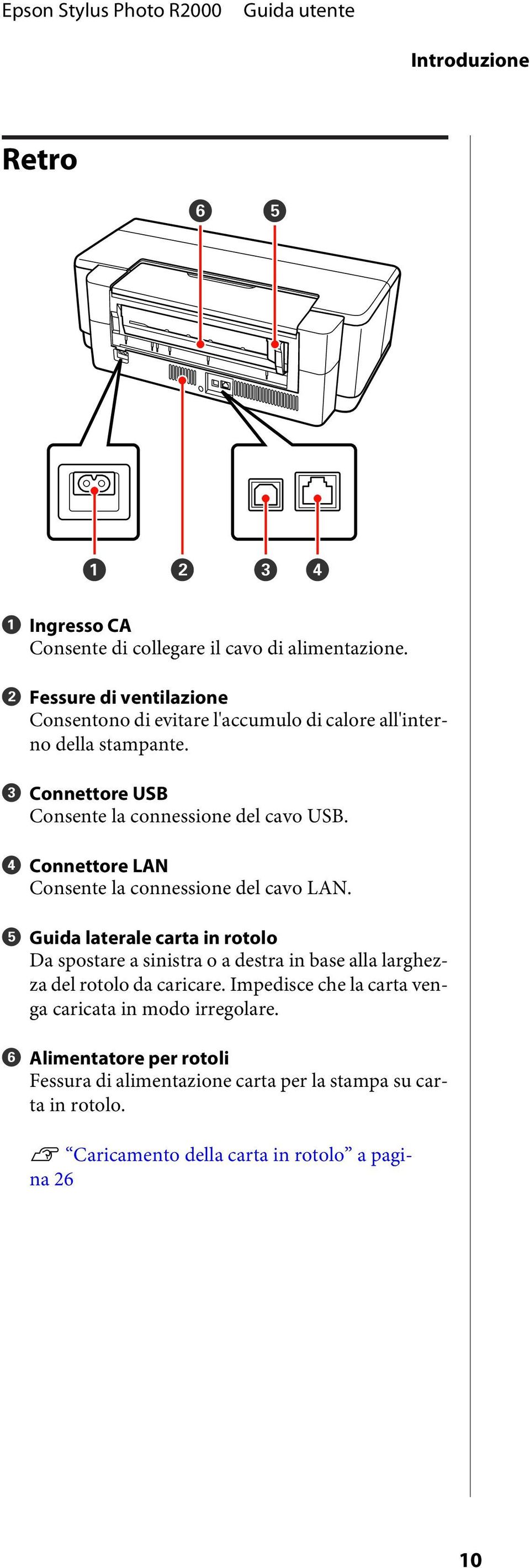 C Connettore USB Consente la connessione del cavo USB. D Connettore LAN Consente la connessione del cavo LAN.