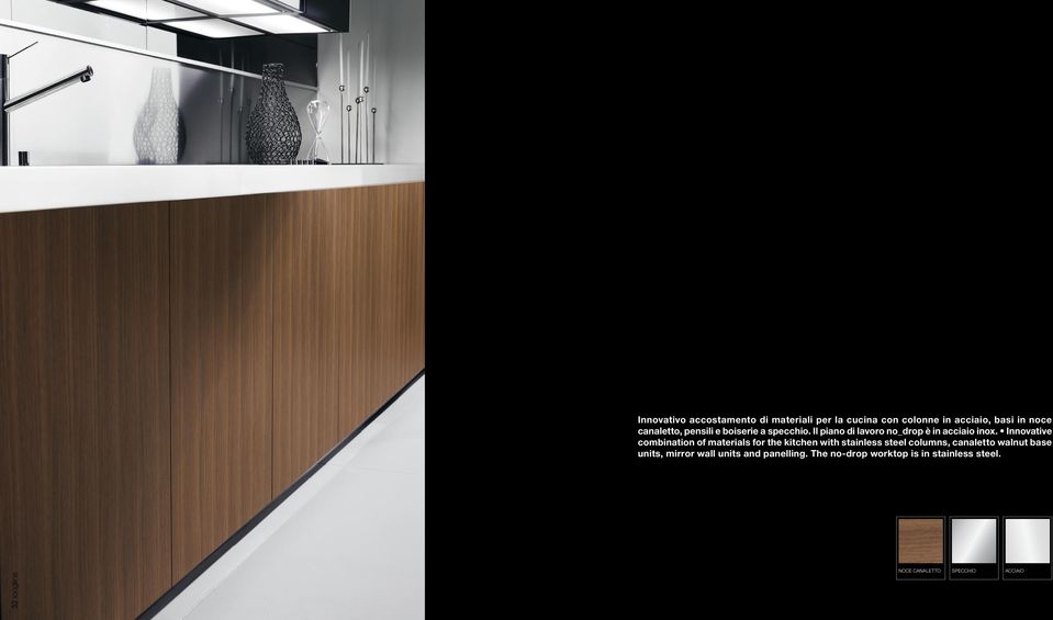 Innovative combination of materials for the kitchen with stainless steel columns, canaletto walnut