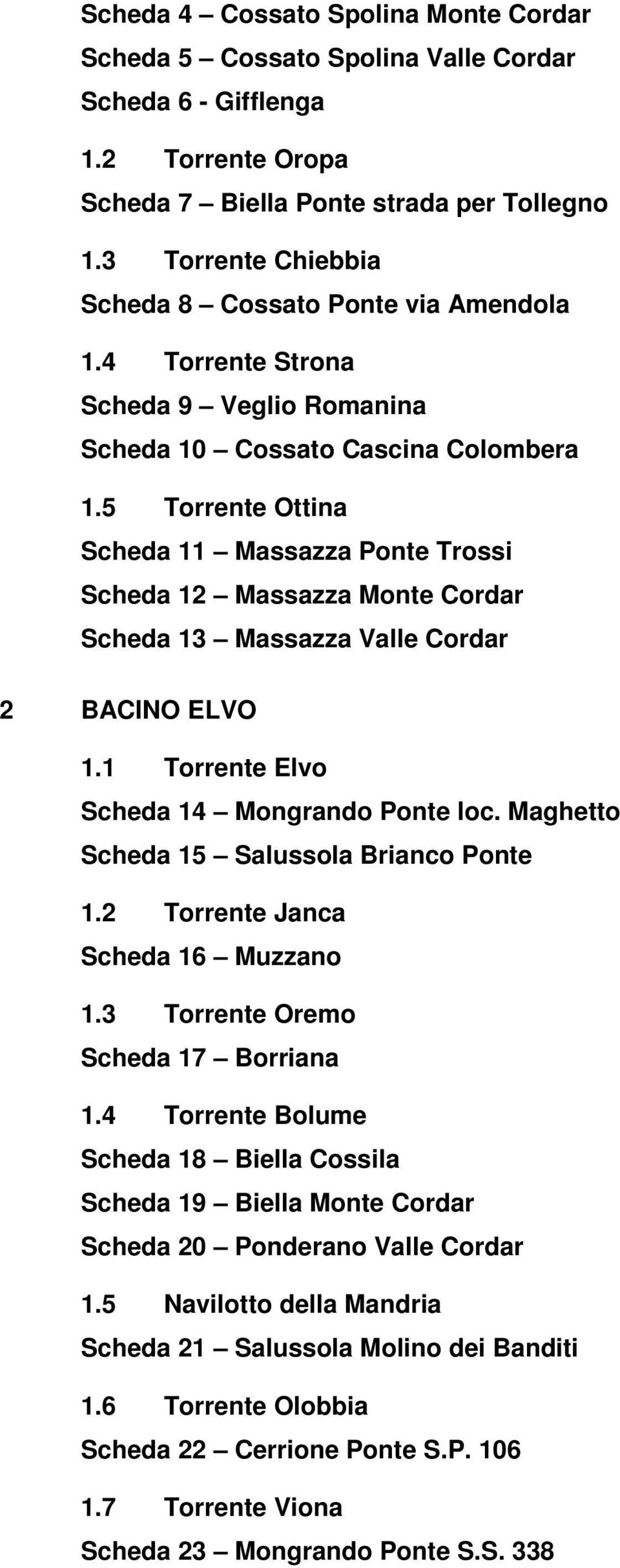 5 Torrente Ottina Scheda 11 Massazza Ponte Trossi Scheda 12 Massazza Monte Cordar Scheda 13 Massazza Valle Cordar 2 BACINO ELVO 1.1 Torrente Elvo Scheda 14 Mongrando Ponte loc.