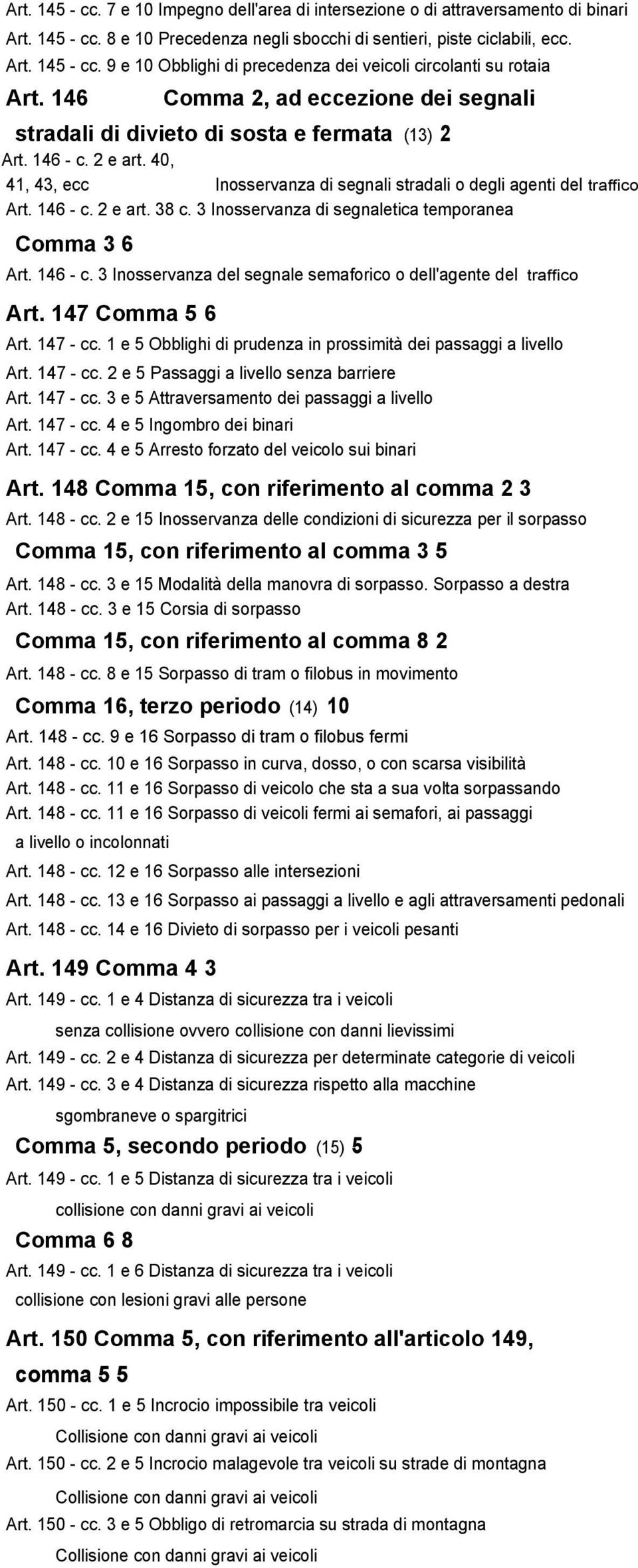 3 Inosservanza di segnaletica temporanea Comma 3 6 Art. 146 - c. 3 Inosservanza del segnale semaforico o dell'agente del traffico Art. 147 Comma 5 6 Art. 147 - cc.