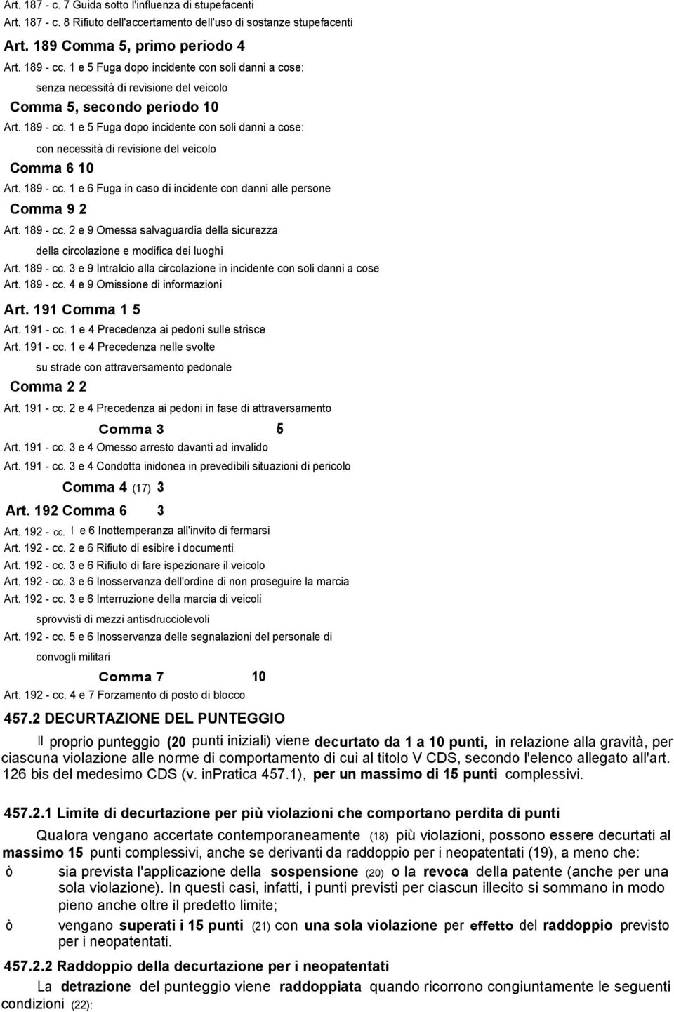 1 e 5 Fuga dopo incidente con soli danni a cose: con necessità di revisione del veicolo Comma 6 10 Art. 189 - cc.