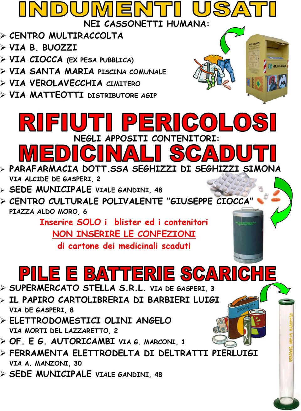 SSA SEGHIZZI DI SEGHIZZI SIMONA VIA ALCIDE DE GASPERI, 2 SEDE MUNICIPALE VIALE GANDINI, 48 CENTRO CULTURALE POLIVALENTE GIUSEPPE CIOCCA PIAZZA ALDO MORO, 6 Inserire SOLO i blister ed i contenitori