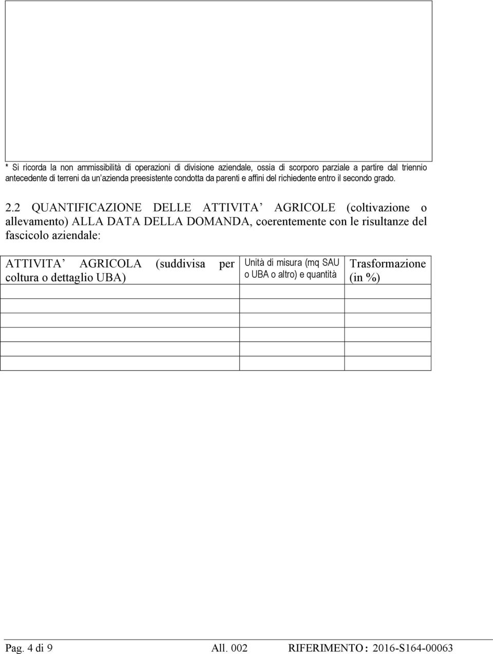 2 QUANTIFICAZIONE DELLE ATTIVITA AGRICOLE (coltivazione o allevamento) ALLA DATA DELLA DOMANDA, coerentemente con le risultanze del fascicolo
