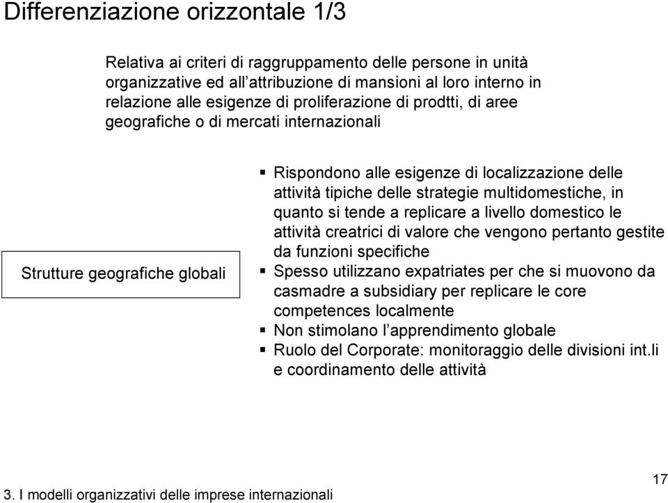 multidomestiche, in quanto si tende a replicare a livello domestico le attività creatrici di valore che vengono pertanto gestite da funzioni specifiche Spesso utilizzano expatriates per che si