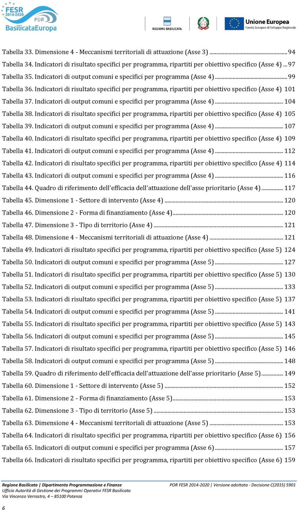 Indicatori di output comuni e specifici per programma (Asse 4)... 104 Tabella 38. Indicatori di risultato specifici per programma, ripartiti per obiettivo specifico (Asse 4) 105 Tabella 39.