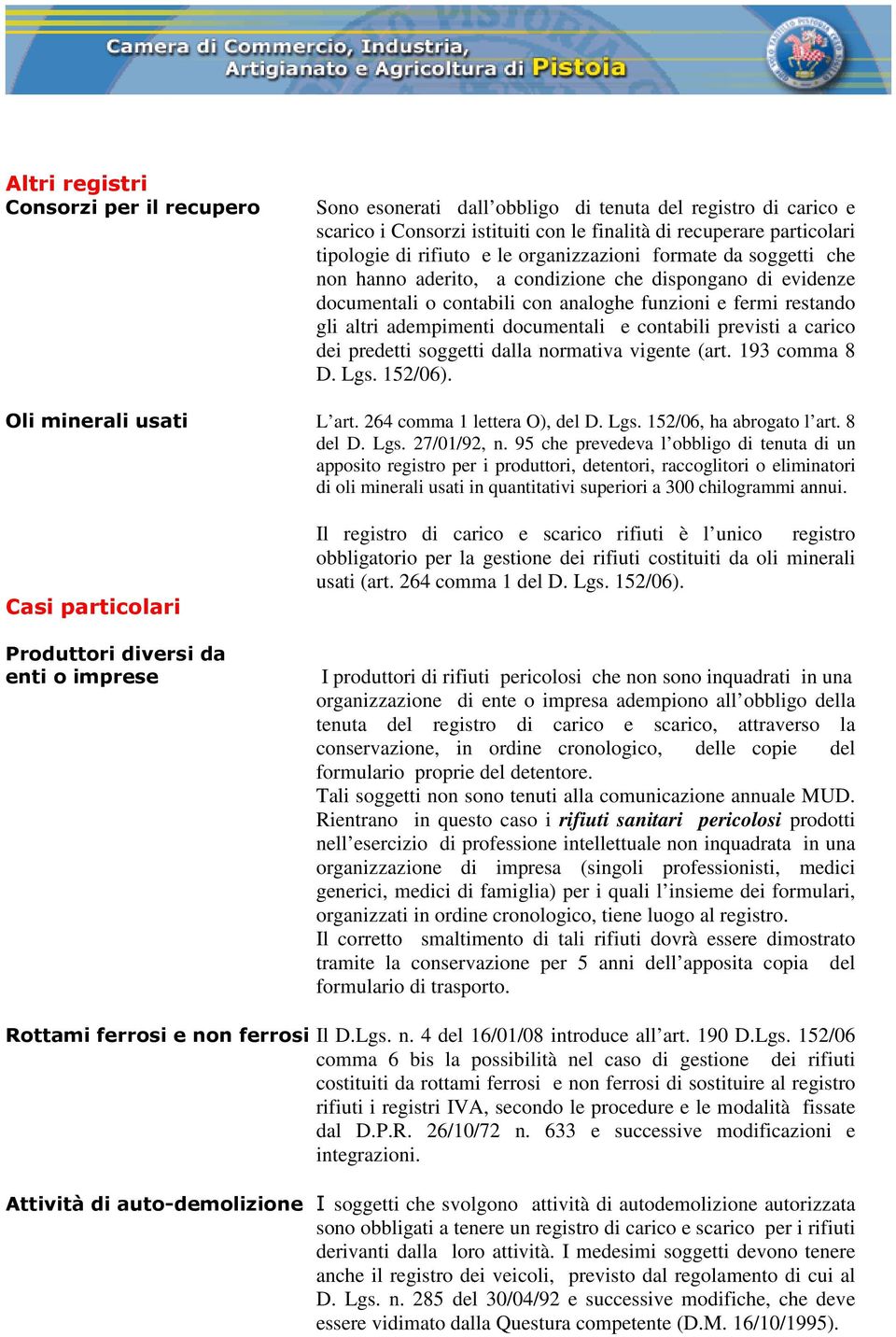 contabili previsti a carico dei predetti soggetti dalla normativa vigente (art. 193 comma 8 D. Lgs. 152/06). Oli minerali usati L art. 264 comma 1 lettera O), del D. Lgs. 152/06, ha abrogato l art.