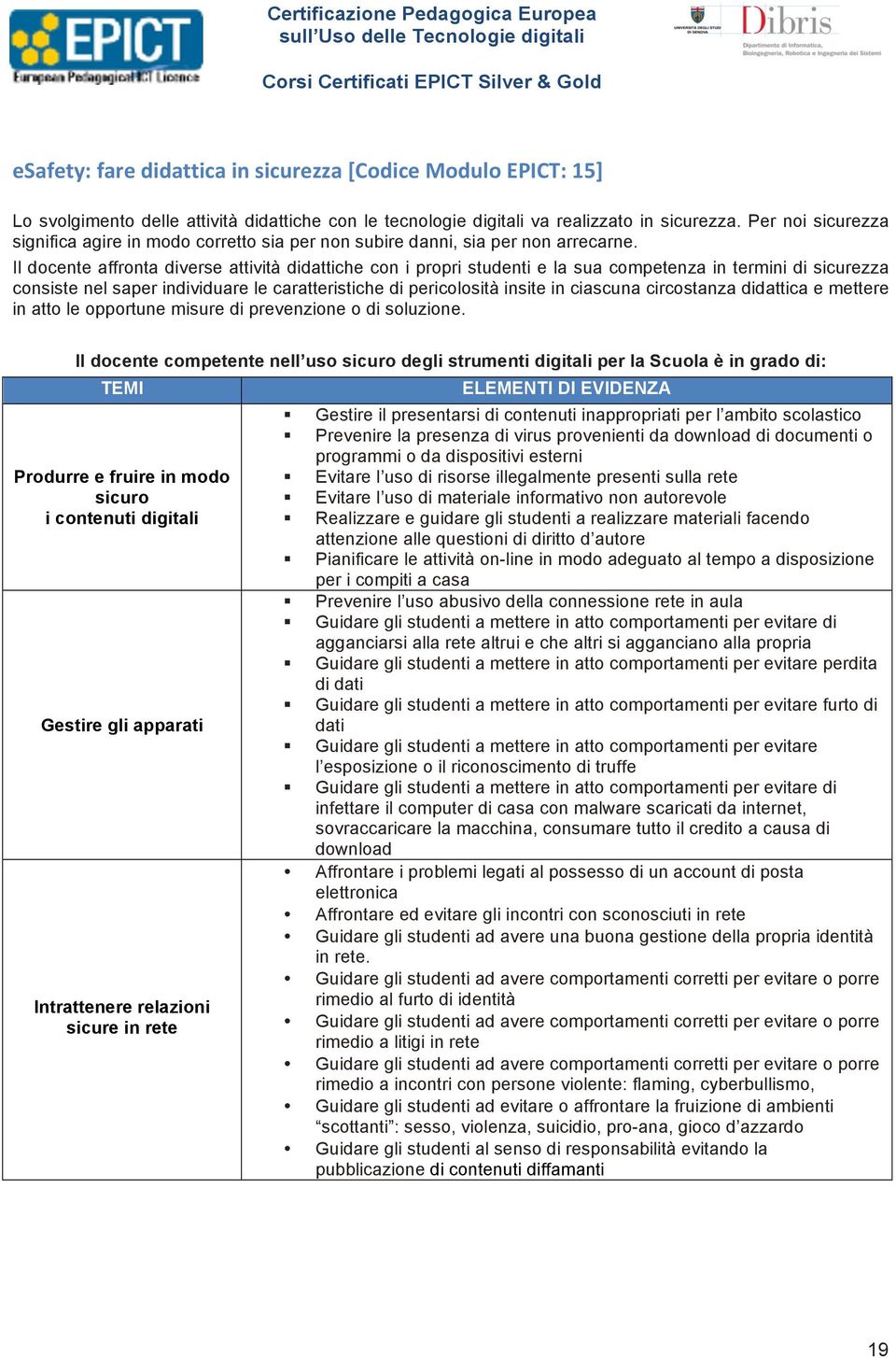 Il docente affronta diverse attività didattiche con i propri studenti e la sua competenza in termini di sicurezza consiste nel saper individuare le caratteristiche di pericolosità insite in ciascuna