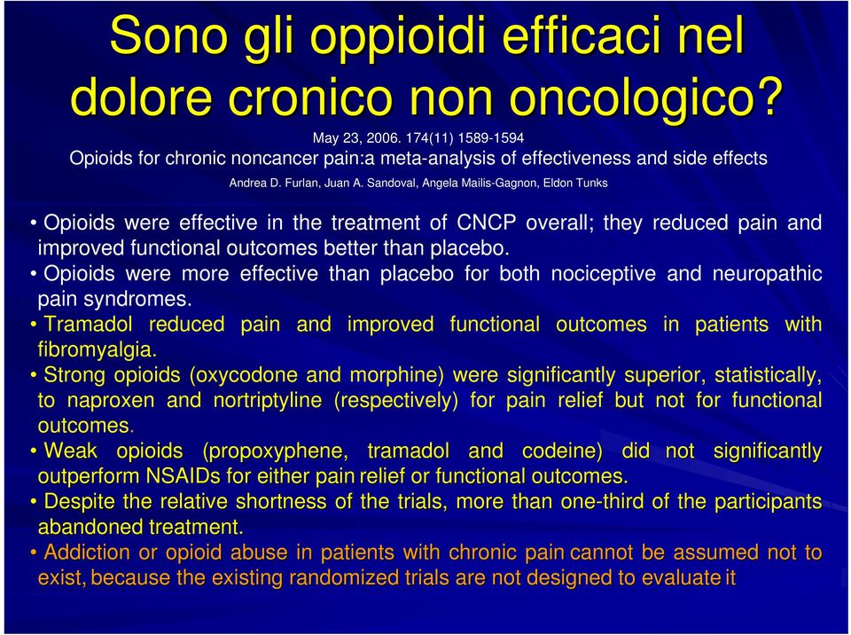 Opioids were more effective than placebo for both nociceptive and neuropathic pain syndromes. Tramadol reduced pain and improved functional outcomes in patients with fibromyalgia.