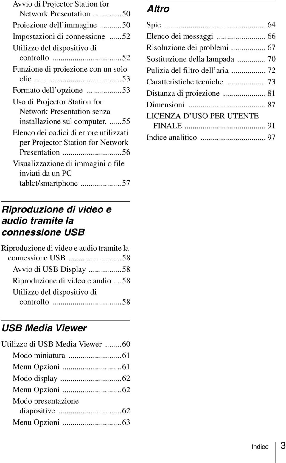 ...55 Elenco dei codici di errore utilizzati per Projector Station for Network Presentation...56 Visualizzazione di immagini o file inviati da un PC tablet/smartphone...57 Altro Spie.