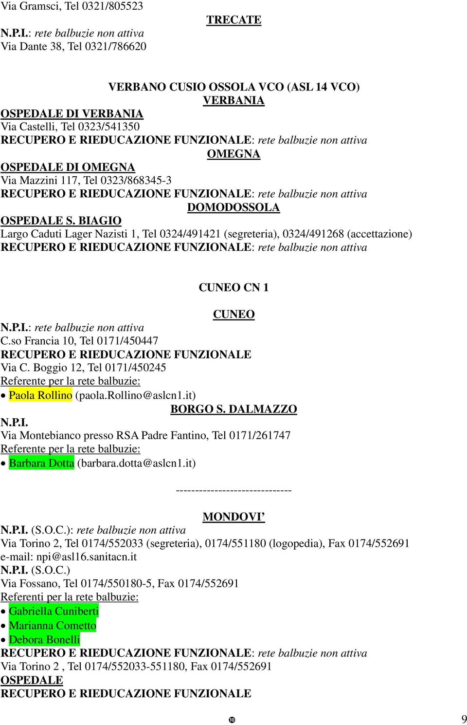 so Francia 10, Tel 0171/450447 Via C. Boggio 12, Tel 0171/450245 Paola Rollino (paola.rollino@aslcn1.it) BORGO S. DALMAZZO N.P.I.