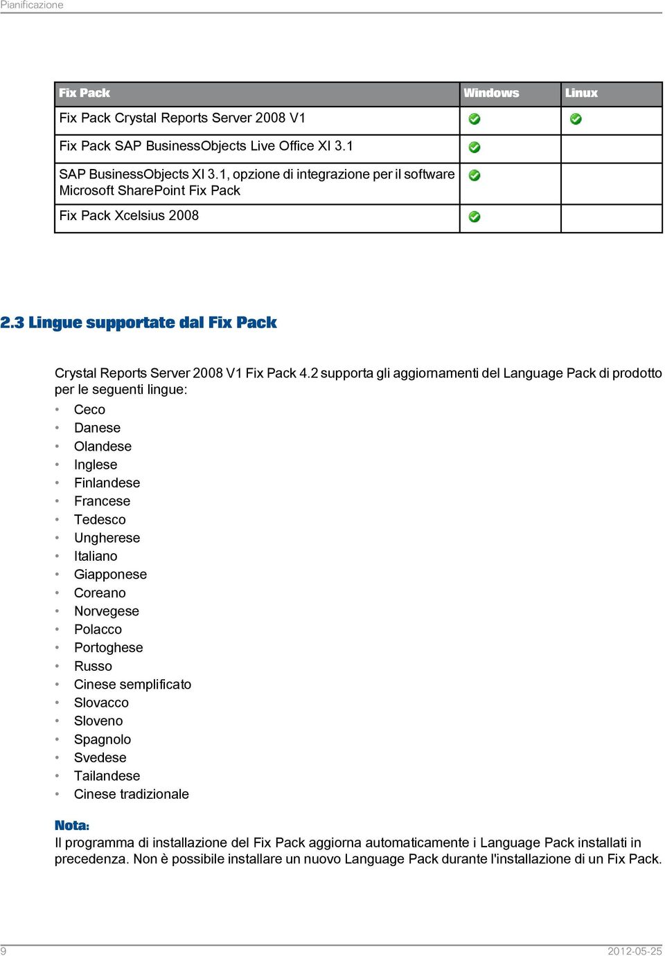 2 supporta gli aggiornamenti del Language Pack di prodotto per le seguenti lingue: Ceco Danese Olandese Inglese Finlandese Francese Tedesco Ungherese Italiano Giapponese Coreano Norvegese Polacco