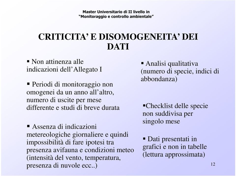 ipotesi tra presenza avifauna e condizioni meteo (intensità del vento, temperatura, presenza di nuvole ecc.