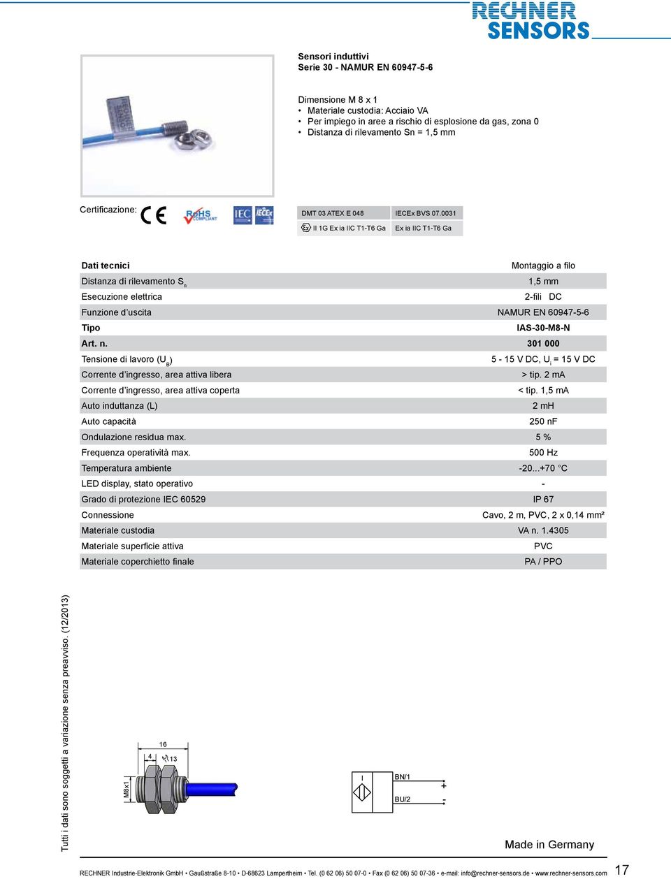 301 000 5-15 V DC, U i = 15 V DC Corrente d ingresso, area attiva libera > tip. 2 ma Corrente d ingresso, area attiva coperta < tip.