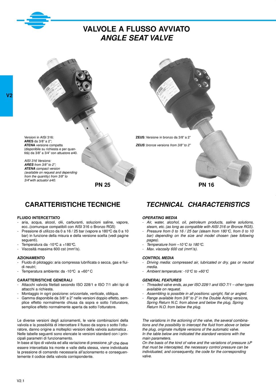 ZEUS: Versione in bronzo da 3/8 a 2 ZEUS: bronze versions from 3/8 to 2 PN 25 PN 16 CARATTERISTICHE TECNICHE TECHNICAL CHARACTERISTICS FLUIDO INTERCETTATO - aria, acqua, alcool, olii, carburanti,