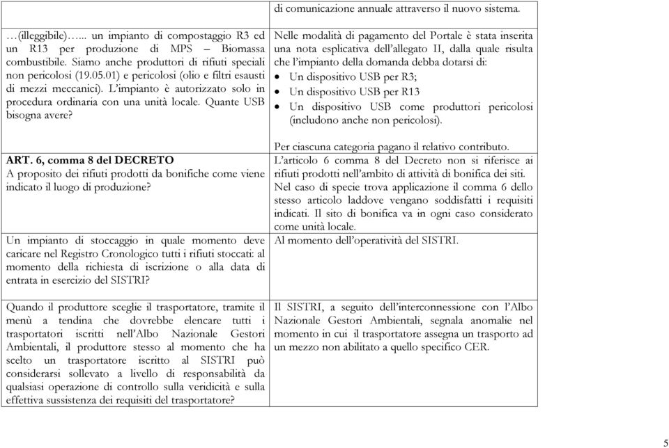 Quante USB bisogna avere? ART. 6, comma 8 del DECRETO A proposito dei rifiuti prodotti da bonifiche come viene indicato il luogo di produzione?