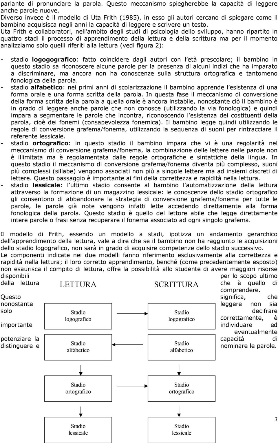 Uta Frith e collaboratori, nell'ambito degli studi di psicologia dello sviluppo, hanno ripartito in quattro stadi il processo di apprendimento della lettura e della scrittura ma per il momento